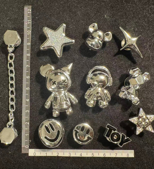 Silver Astronauts Smiley Faces & Chains Charms Set 11pcs Bundle